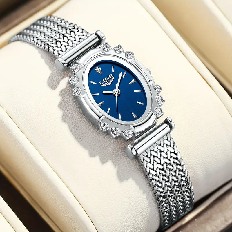 LIGE Elegant Women'S Quartz Watch - Golden Silvery Bracelet, Classic Oval Dial Minimalist Dial for Everyday & Formal Wear - Luxury Watch Gift for Men/Women Birthday, Anniversary, Wedding occasions