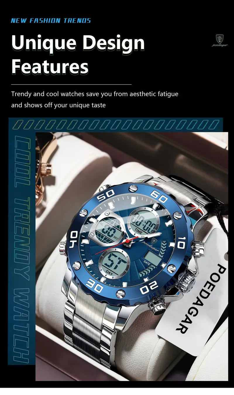 POEDAGAR Men'S Sports Watch, Stainless Steel Band, 3ATM, Digital Display, Alarm, Chronograph, Calendar, Multi-Function, Battery Powered, Non-Rechargeable, Alloy Case, Electronic Movement