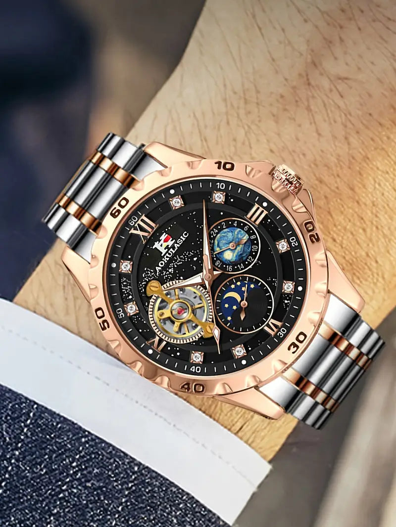 AOKULASIC Men Fashion Tourbillon Skeleton Automatic Mechanical Watch Rose Golden Case Iced Out Starry Sky Luminous Dial Top Brand Stainless Steel Strap Business Casual Mens Watches Christmas New Year Thanksgiving Day Festival Birthday Gifts