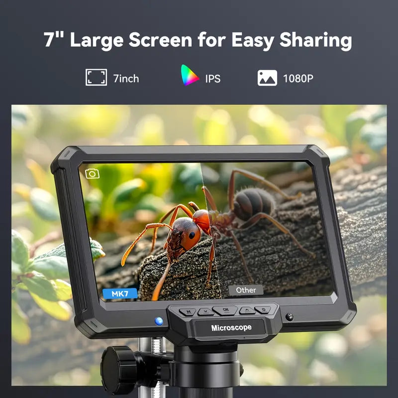 7-Inch Digital Microscope, 1200X Magnification, 16MP HD Video, USB Rechargeable, Adjustable Magnification, Portable Design for Coins, PCB, Adults, PC View, Laboratory, Quality Control, Industrial Use, Sleek Microscope, Highresolution Optics