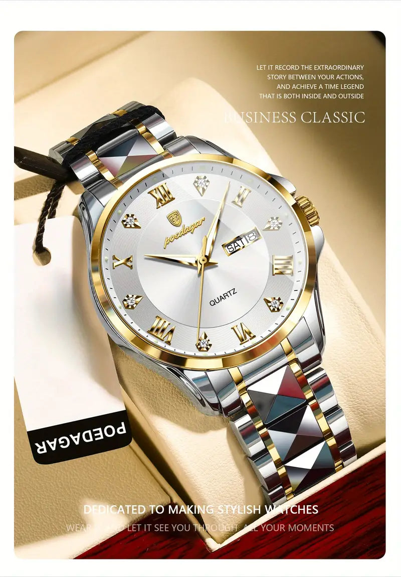 POEDAGAR Men'S Quartz Watch - Stainless Steel Band, Waterproof, Night Light, Date & Week Display, Elegant Golden-Tone Accents, Casual Style, Battery Operated, Elegant Timepiece | Golden Accents Watch | Quartz Movement Watch, POEDAGA