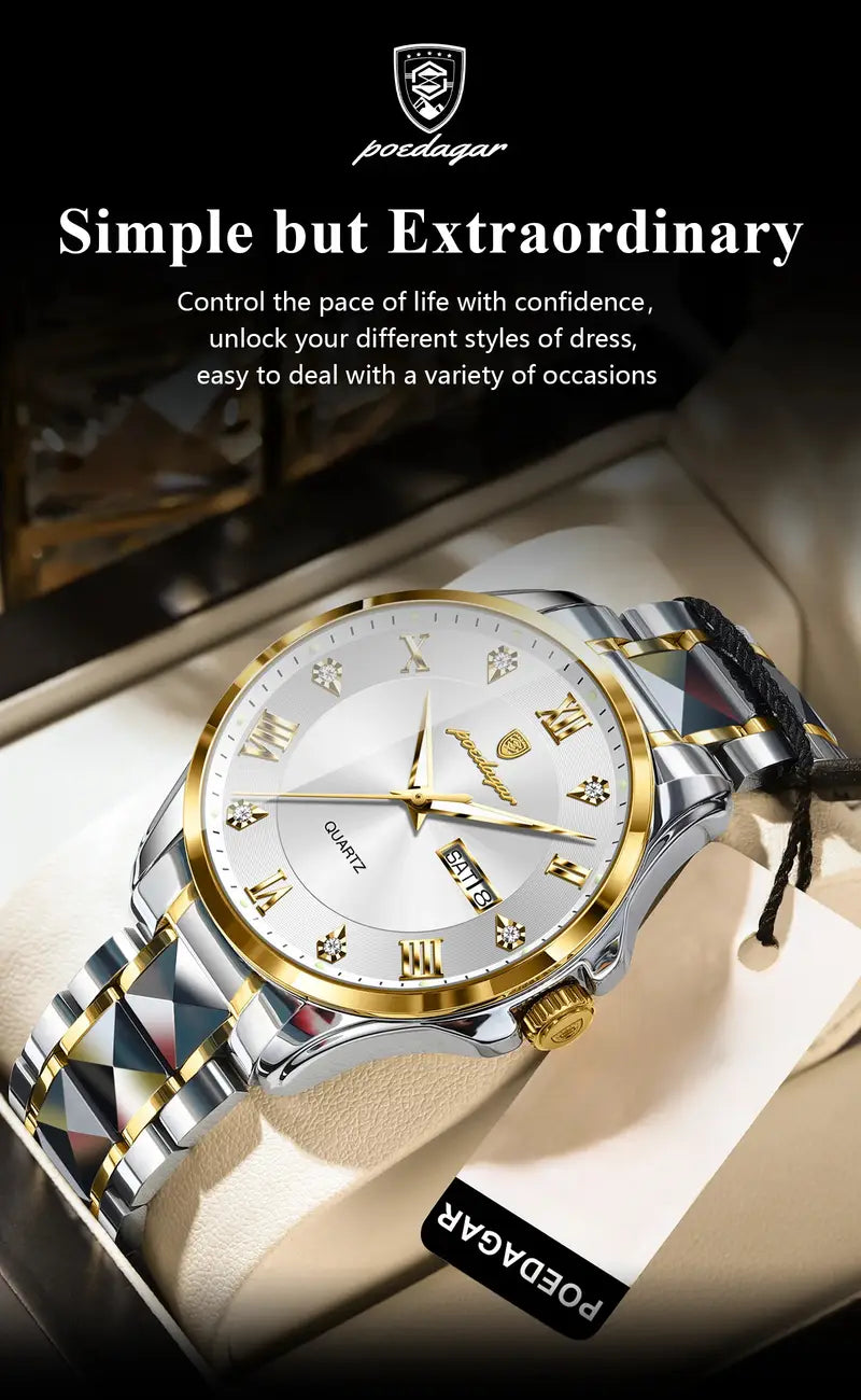 POEDAGAR Men'S Quartz Watch - Stainless Steel Band, Waterproof, Night Light, Date & Week Display, Elegant Golden-Tone Accents, Casual Style, Battery Operated, Elegant Timepiece | Golden Accents Watch | Quartz Movement Watch, POEDAGA