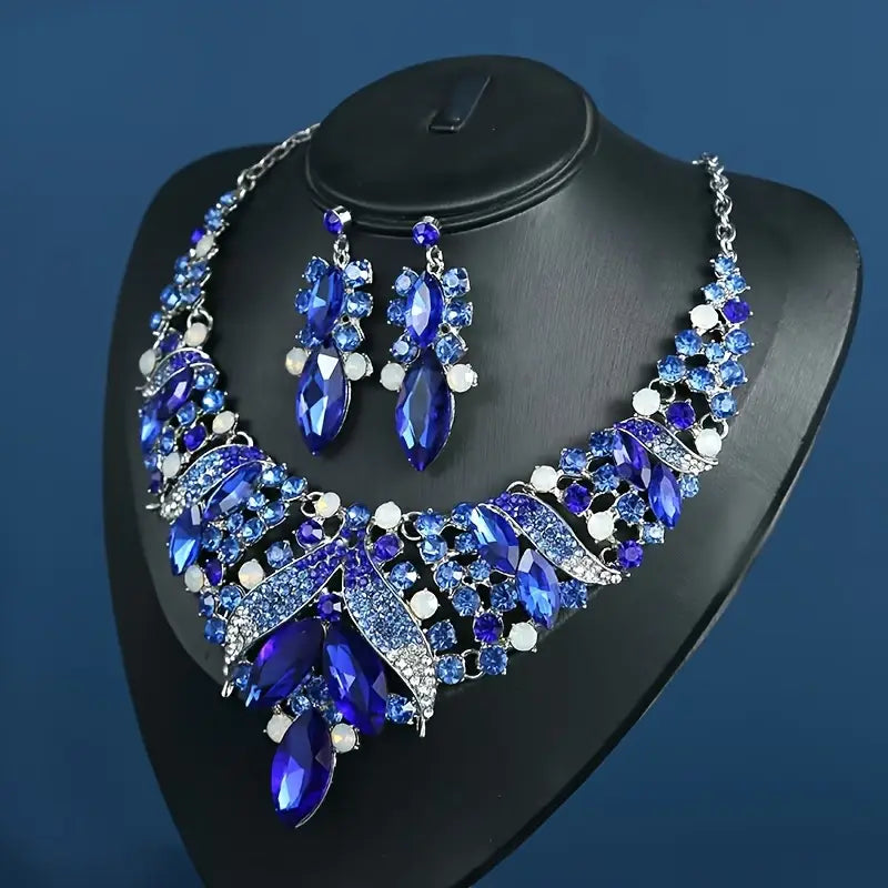 Luxury Royal Style Bow-Themed Necklace and Earrings Set, Silver Plated Zinc Alloy with Synthetic Blue Crystal, Handmade Exaggerated Jewelry for Daily Wear, Festivals, and Special Occasions