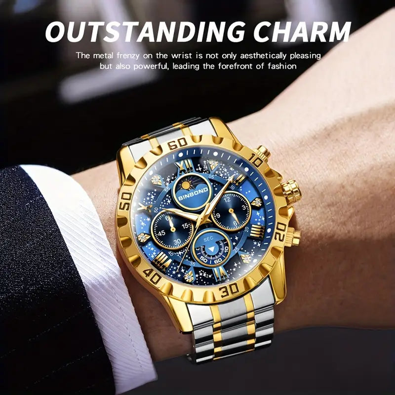 BINBOND Unisex Glossy Quartz Watch - Business Style, 3ATM, Stainless Steel Band, Round Alloy Case, Analog Display with Date Window, Business Casual Watch|Glossy Finish Watch|Quartz Movement Watch