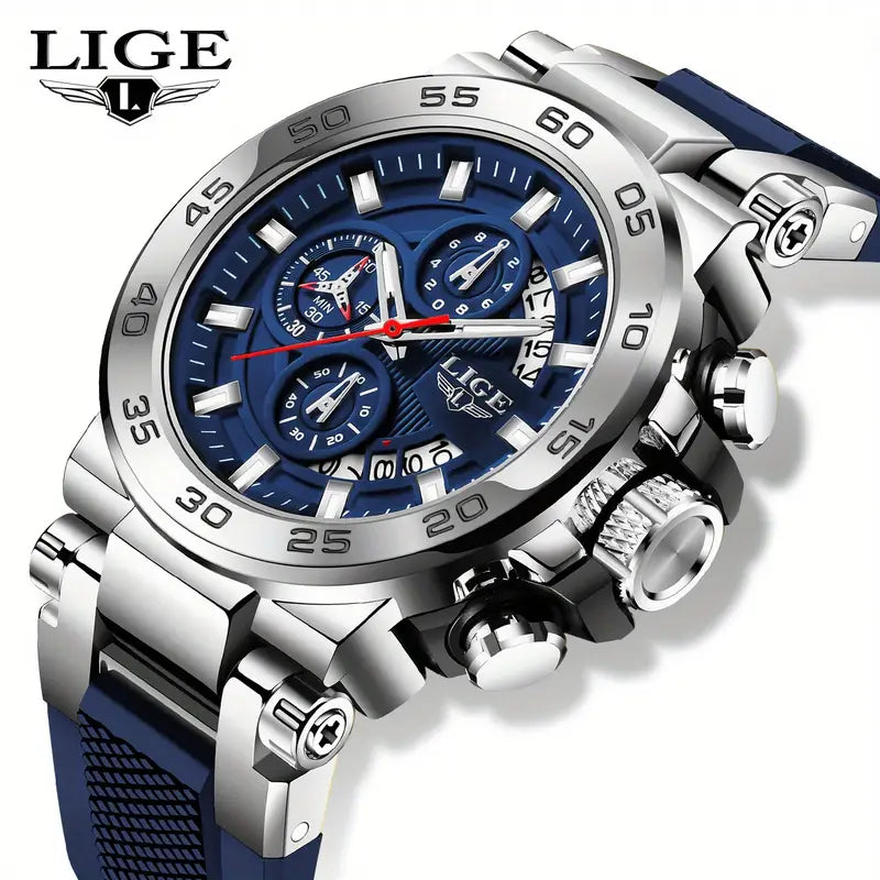 LIGE Men's Elegant Quartz Watch - Blue Dial, World Time, Stopwatch, Alarm, Silicone Strap, Zinc Alloy Case, Business Casual Style, Perfect Holiday Gift for Him, Versatile Wristwatch | Luminous Markers Watch | Silicone Strap Watch