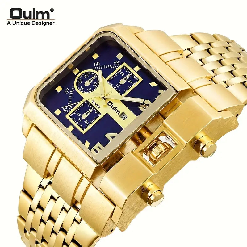 Oulm New Golden Large Dial Men's Watch with Steel Strap, Calendar Feature, Square Quartz Design - European Punk Sport Style