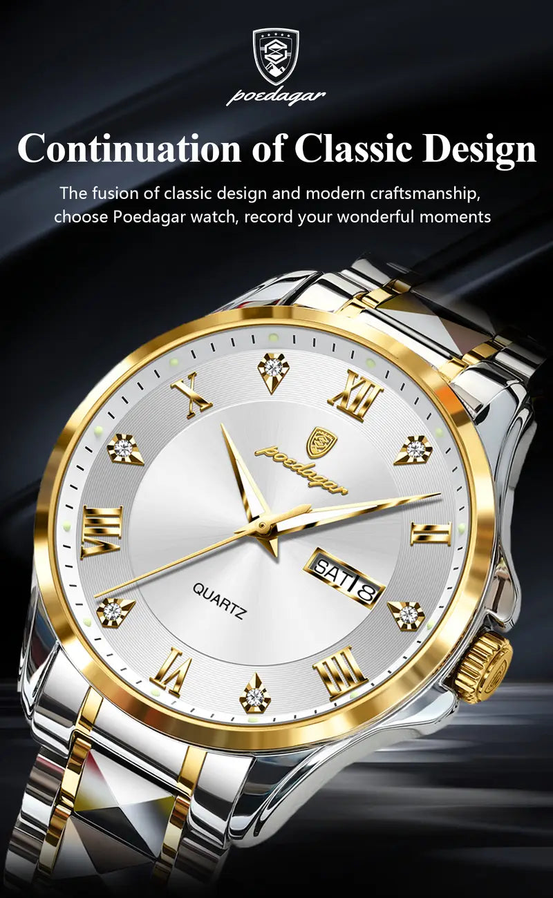 POEDAGAR Men'S Quartz Watch - Stainless Steel Band, Waterproof, Night Light, Date & Week Display, Elegant Golden-Tone Accents, Casual Style, Battery Operated, Elegant Timepiece | Golden Accents Watch | Quartz Movement Watch, POEDAGA