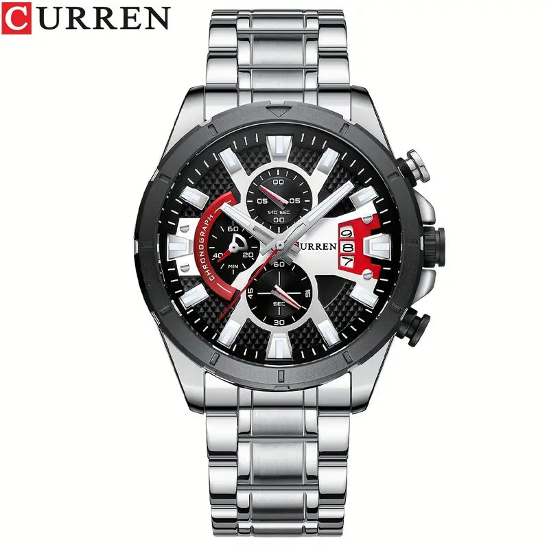 CURREN Men's Stainless Steel Chronograph Watch with Luminous Hands, Black Dial & Red Accents, Sporty Design, Date Display, Quartz Movement, Adjustable Crown, Perfect for Casual or Active Wear, Casual Timepiece | Luminous Hand Watch | Zinc Alloy Case