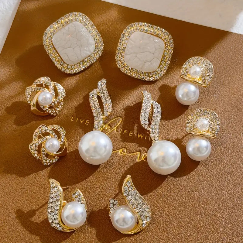 5 Pairs Elegant Geometric Pearl Earrings Set, Vintage French Style, Women's Fashion Jewelry, All-Season Versatile, Copper Ear Studs, Zinc Alloy, Plastic Setting, Daily Wear Accessory