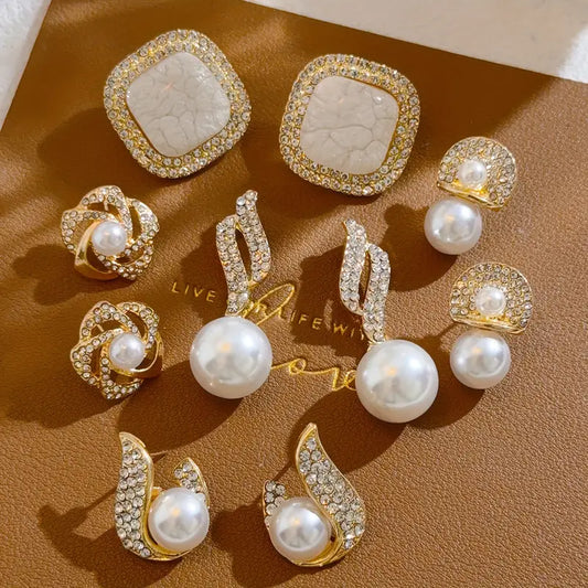 5 Pairs Elegant Geometric Pearl Earrings Set, Vintage French Style, Women's Fashion Jewelry, All-Season Versatile, Copper Ear Studs, Zinc Alloy, Plastic Setting, Daily Wear Accessory