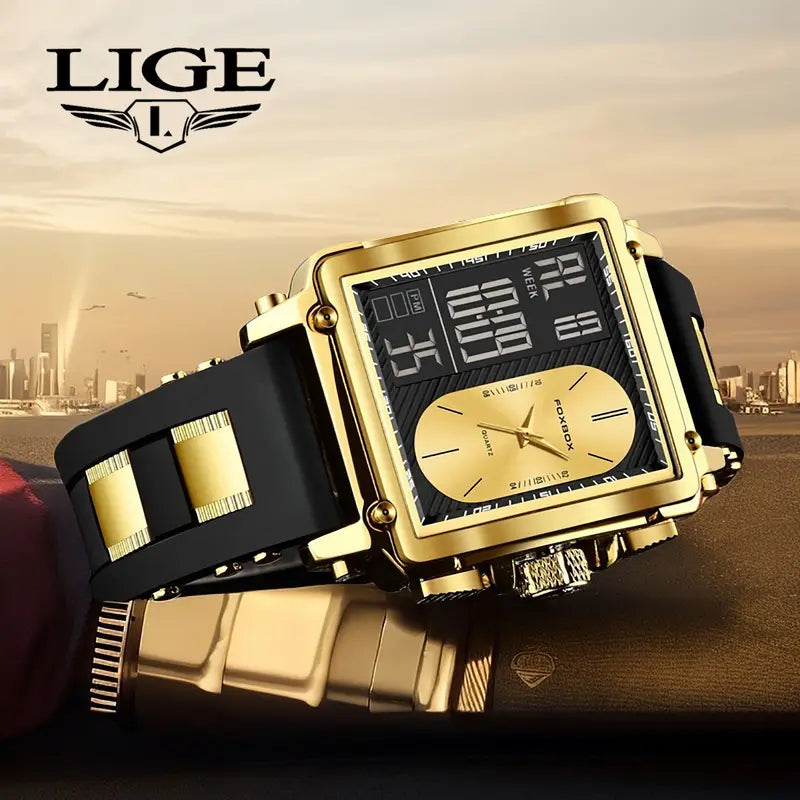 FOXBOX Brand Ladies Electronic Watch, Square Dual Screen, Multifunctional, Sports, Chronograph, Alarm Clock, Luminous, Fashion, Zinc Alloy Case, Silicone Band, Digital Movement, with Button Battery (Diameter＜20mm), Non-rechargeable