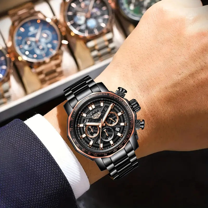 LIGE Men'S Quartz Watch - Business Style Chronograph with Date Display, Stainless Steel Strap, Golden & Black Options, Ideal Gift for Men, Formal Accessory | Modern Watch Design | Durable Watchband, LIGE