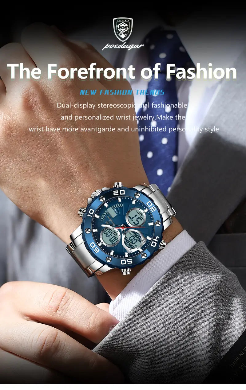 POEDAGAR Men'S Sports Watch, Stainless Steel Band, 3ATM, Digital Display, Alarm, Chronograph, Calendar, Multi-Function, Battery Powered, Non-Rechargeable, Alloy Case, Electronic Movement