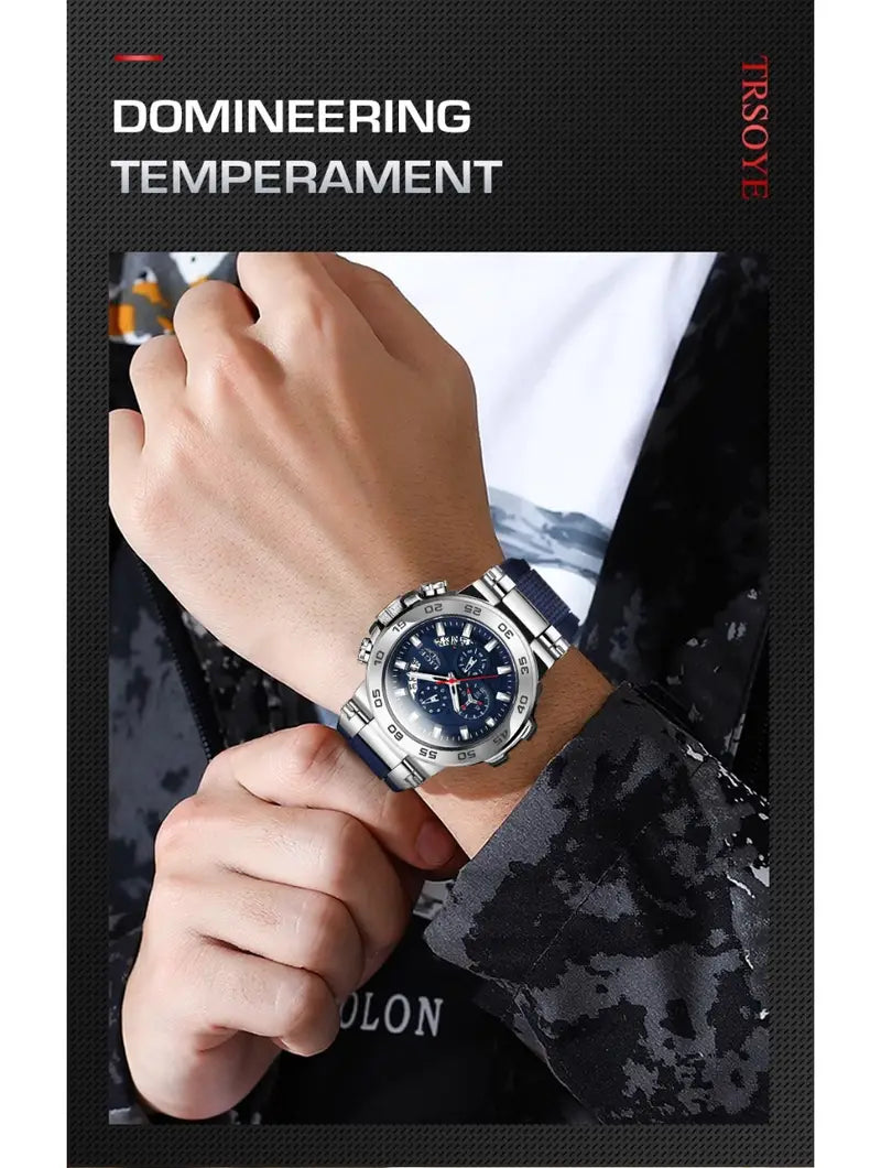 LIGE Men's Elegant Quartz Watch - Blue Dial, World Time, Stopwatch, Alarm, Silicone Strap, Zinc Alloy Case, Business Casual Style, Perfect Holiday Gift for Him, Versatile Wristwatch | Luminous Markers Watch | Silicone Strap Watch