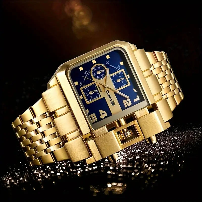 Oulm New Golden Large Dial Men's Watch with Steel Strap, Calendar Feature, Square Quartz Design - European Punk Sport Style