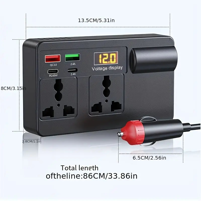 Car Electronic Device Universal Fast Charger with LED Display and 4 USB Ports, Vehicle Inverter Converter Plug 12V/24V to 220V Power Socket, Portable Power Adapter, Essential for Travel