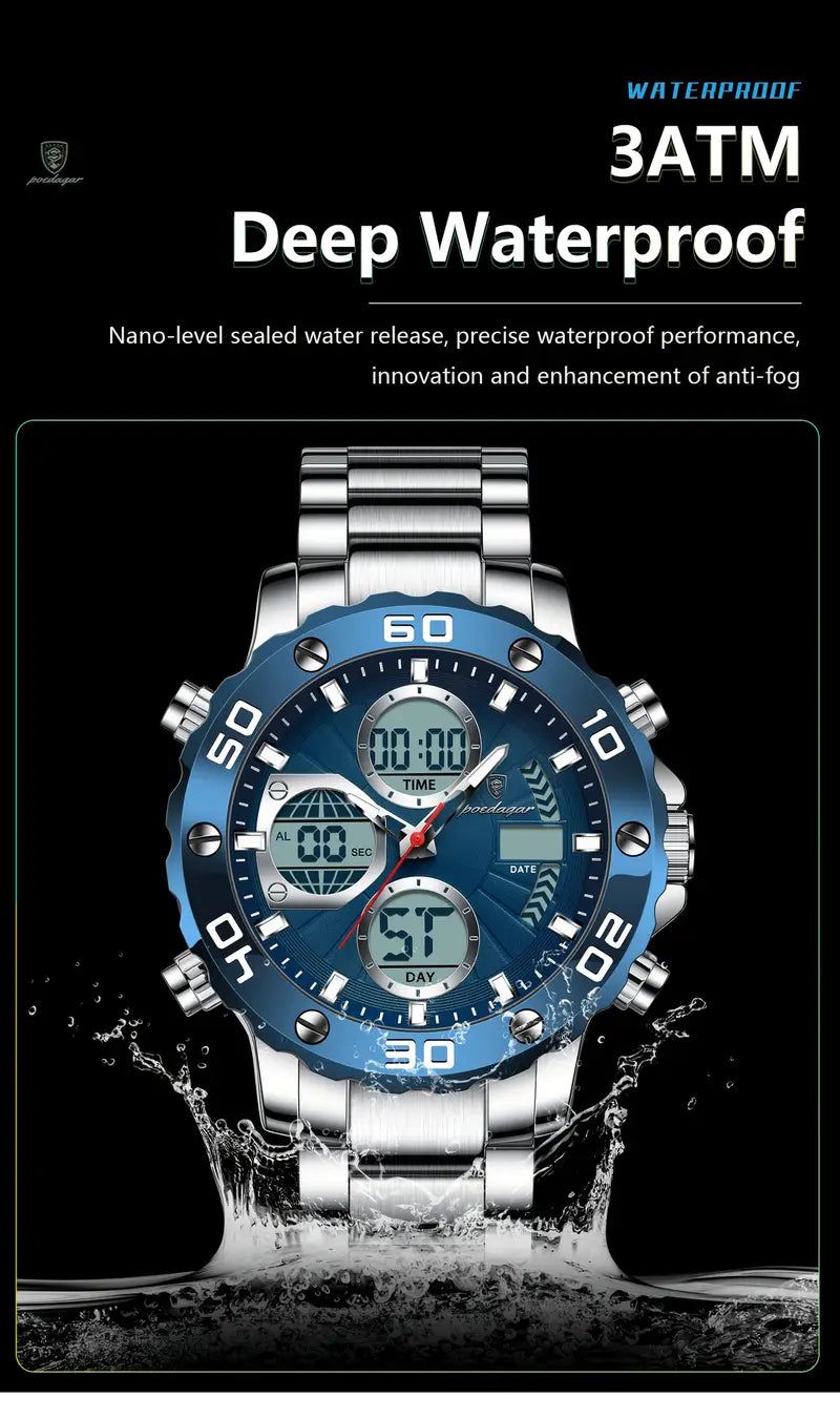 POEDAGAR Men'S Sports Watch, Stainless Steel Band, 3ATM, Digital Display, Alarm, Chronograph, Calendar, Multi-Function, Battery Powered, Non-Rechargeable, Alloy Case, Electronic Movement