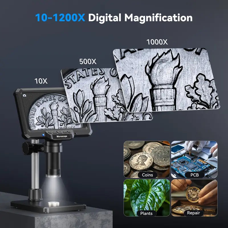 7-Inch Digital Microscope, 1200X Magnification, 16MP HD Video, USB Rechargeable, Adjustable Magnification, Portable Design for Coins, PCB, Adults, PC View, Laboratory, Quality Control, Industrial Use, Sleek Microscope, Highresolution Optics