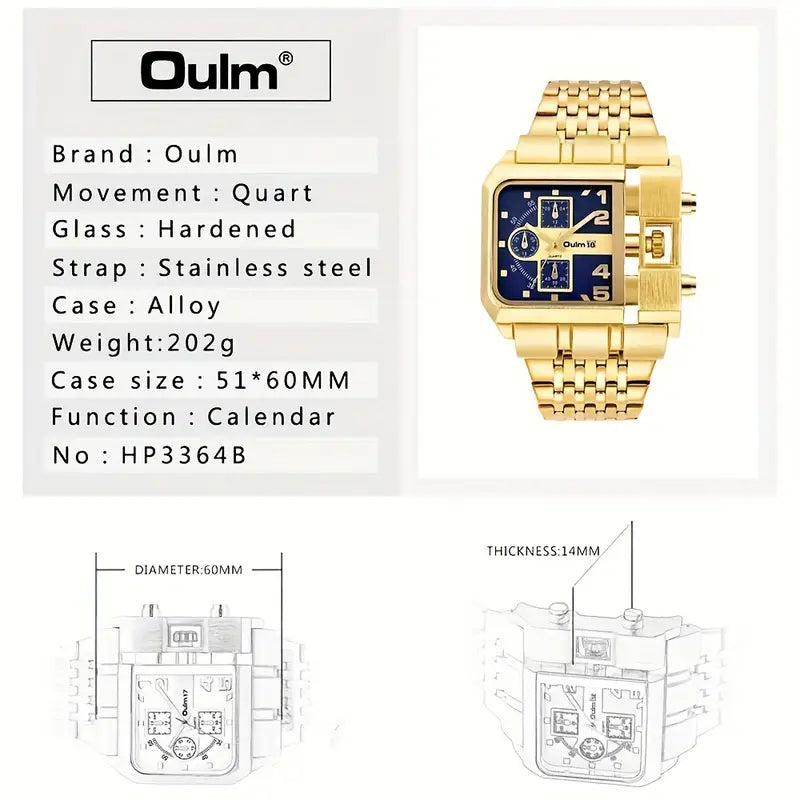 Oulm New Golden Large Dial Men's Watch with Steel Strap, Calendar Feature, Square Quartz Design - European Punk Sport Style