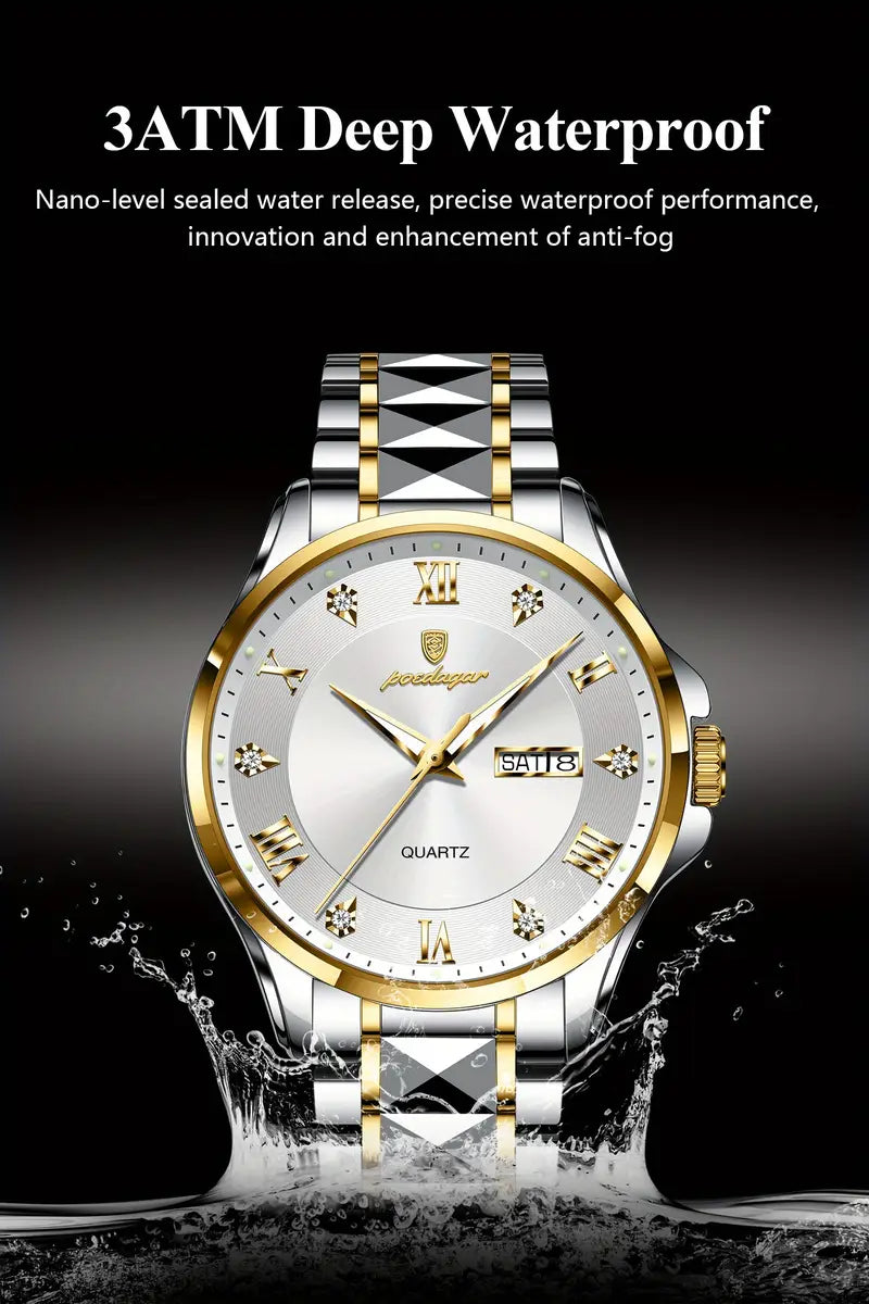 POEDAGAR Men'S Quartz Watch - Stainless Steel Band, Waterproof, Night Light, Date & Week Display, Elegant Golden-Tone Accents, Casual Style, Battery Operated, Elegant Timepiece | Golden Accents Watch | Quartz Movement Watch, POEDAGA