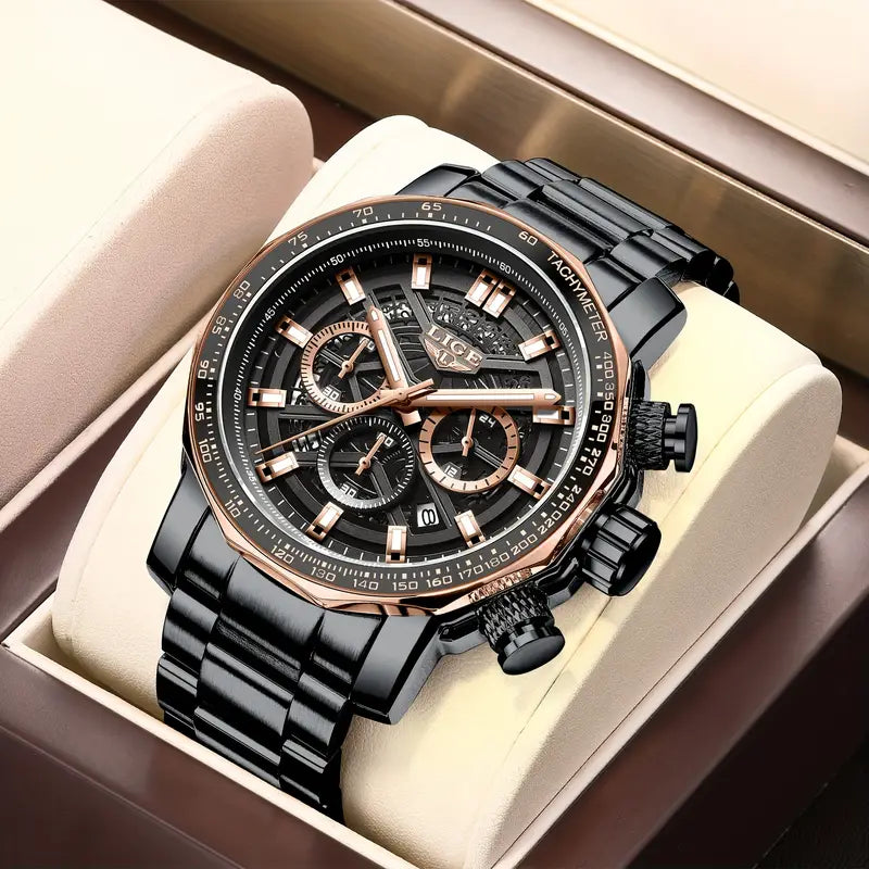 LIGE Men'S Quartz Watch - Business Style Chronograph with Date Display, Stainless Steel Strap, Golden & Black Options, Ideal Gift for Men, Formal Accessory | Modern Watch Design | Durable Watchband, LIGE