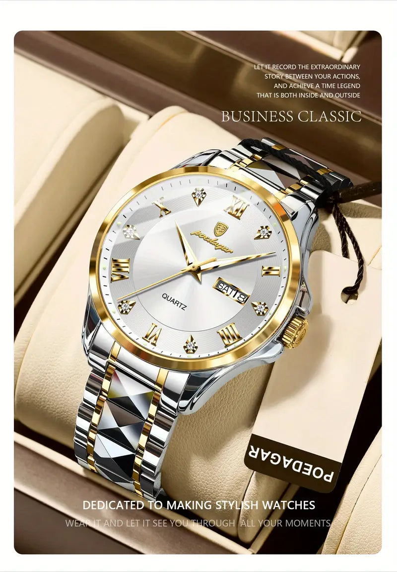 POEDAGAR Men'S Quartz Watch - Stainless Steel Band, Waterproof, Night Light, Date & Week Display, Elegant Golden-Tone Accents, Casual Style, Battery Operated, Elegant Timepiece | Golden Accents Watch | Quartz Movement Watch, POEDAGA