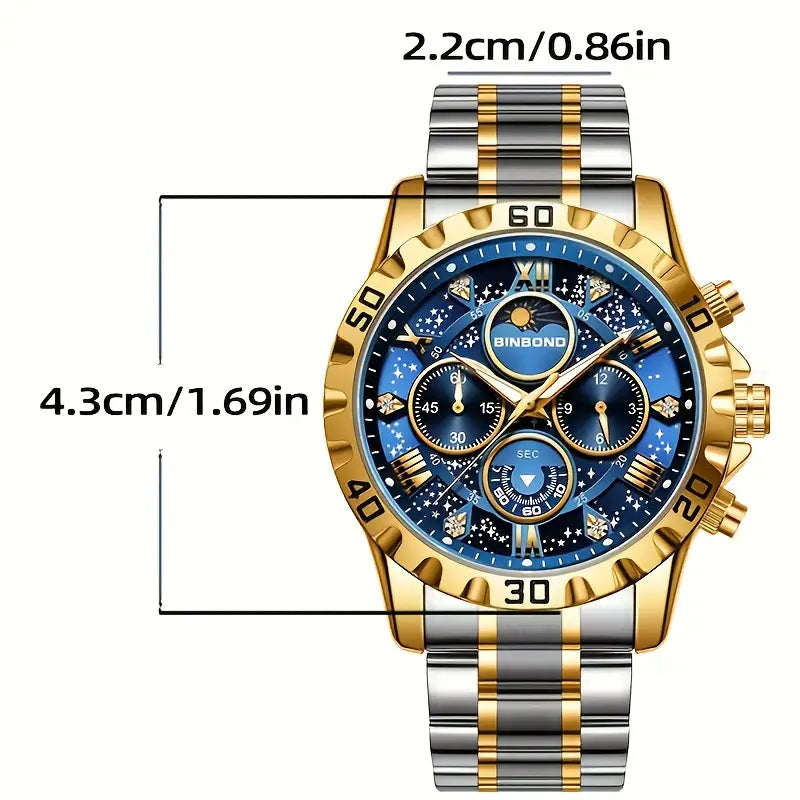 legant Men's Quartz Watch - Sophisticated Golden-Tone with Blue Dial, Stainless Steel Band, Roman Numerals - Ideal for Business, Casual & Sports Wear - Perfect Birthday or Holiday Gift, Gift Watch|Sophisticated Style|Zinc Alloy Case