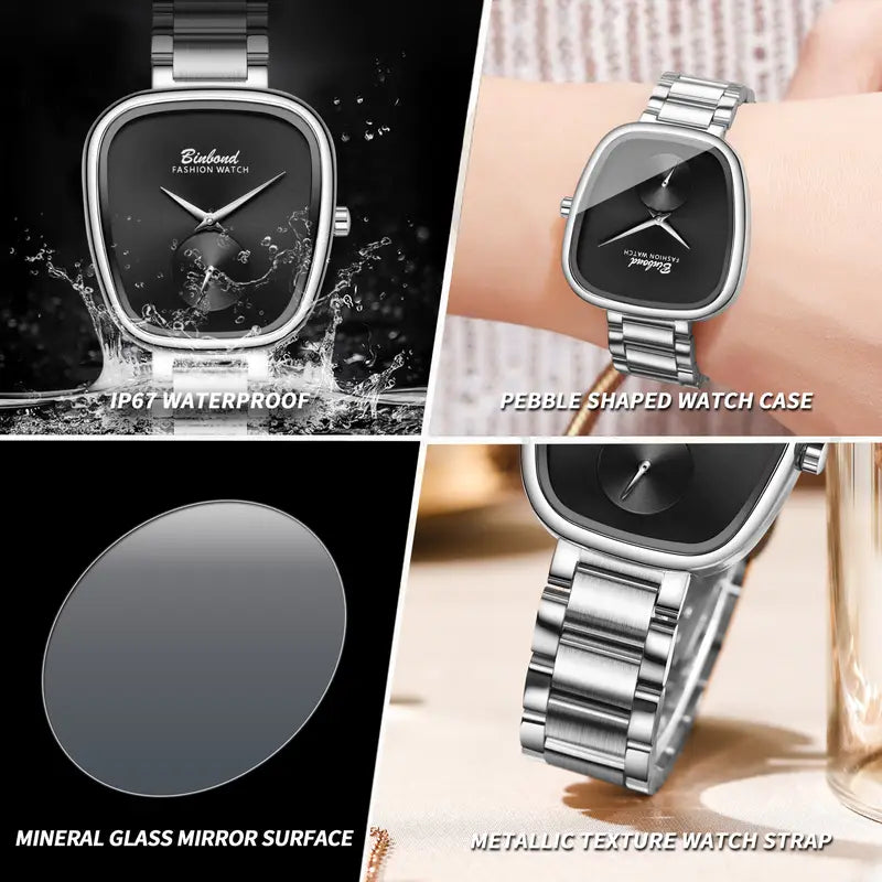 BINBOND Women'S Casual Luxury Quartz Watch - Black Dial, Stainless Steel Band, Shock-Resistant, Minimalist Design with Date Display, Perfect for Casual Attire, Everyday Timepiece, Sleek Timepiece