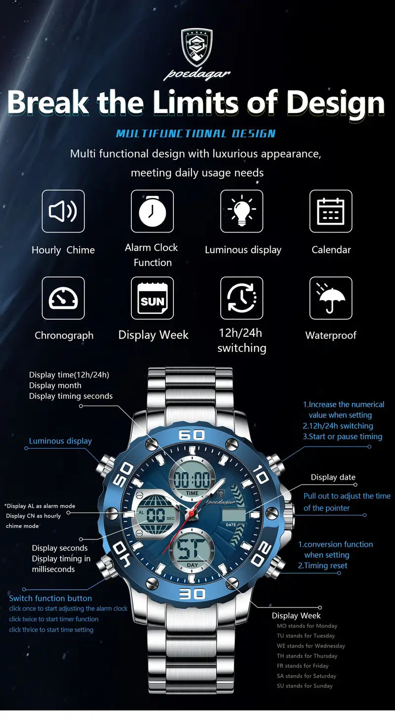 POEDAGAR Men'S Sports Watch, Stainless Steel Band, 3ATM, Digital Display, Alarm, Chronograph, Calendar, Multi-Function, Battery Powered, Non-Rechargeable, Alloy Case, Electronic Movement