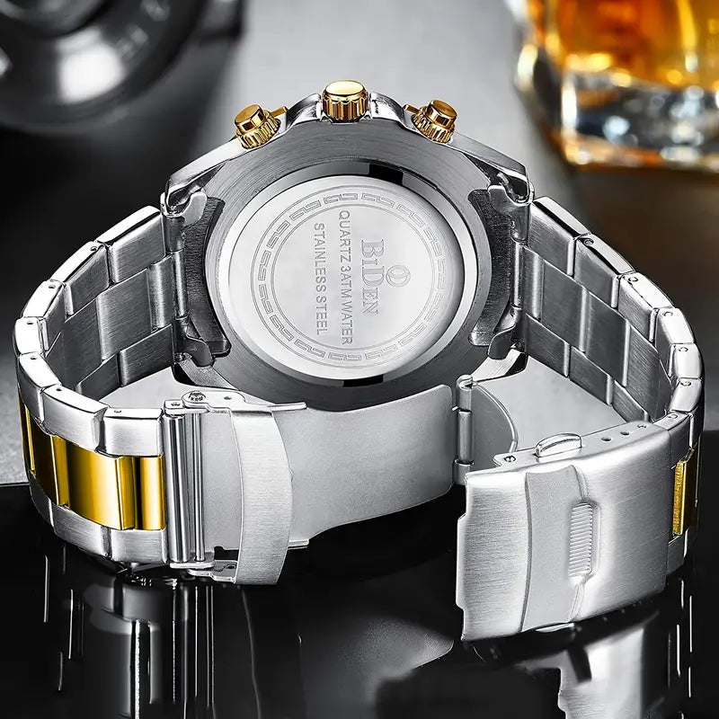 Luxury Stainless Steel Dive-Style Watch for Teens & Young Adults - 43 MM Analog Quartz Chronograph, 1181.1 inch Waterproof Fashion 'S Casual Watch with Blue & Golden Tone Strap, Business Style, Electronic Movet, Pointer Display, Quartz Watche