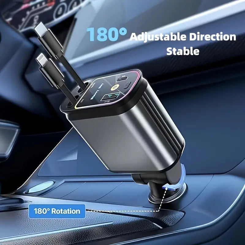 Car Charger with 4-in-1, 66W, USB C Car Charger, 180° Free Direction Adjustment, Anti-Tangle Rebound Design, Starlight Four-in-One Telescopic Car Charger USB-C Dual Fast Charging Compatible with iPhone 16-13/iPad/Android Universal Fit All Vehicles