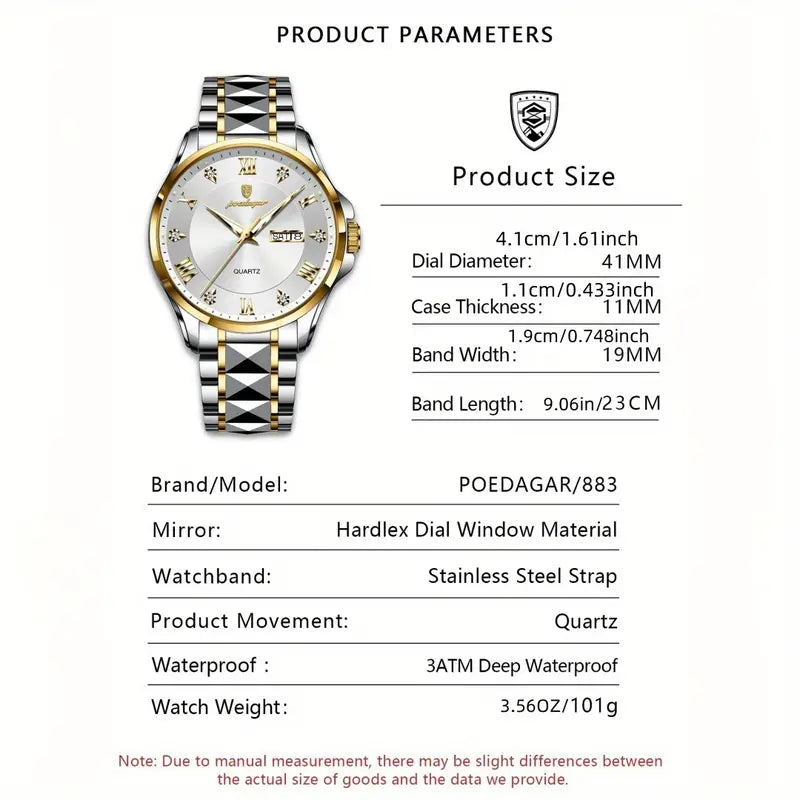 POEDAGAR Men'S Quartz Watch - Stainless Steel Band, Waterproof, Night Light, Date & Week Display, Elegant Golden-Tone Accents, Casual Style, Battery Operated, Elegant Timepiece | Golden Accents Watch | Quartz Movement Watch, POEDAGA