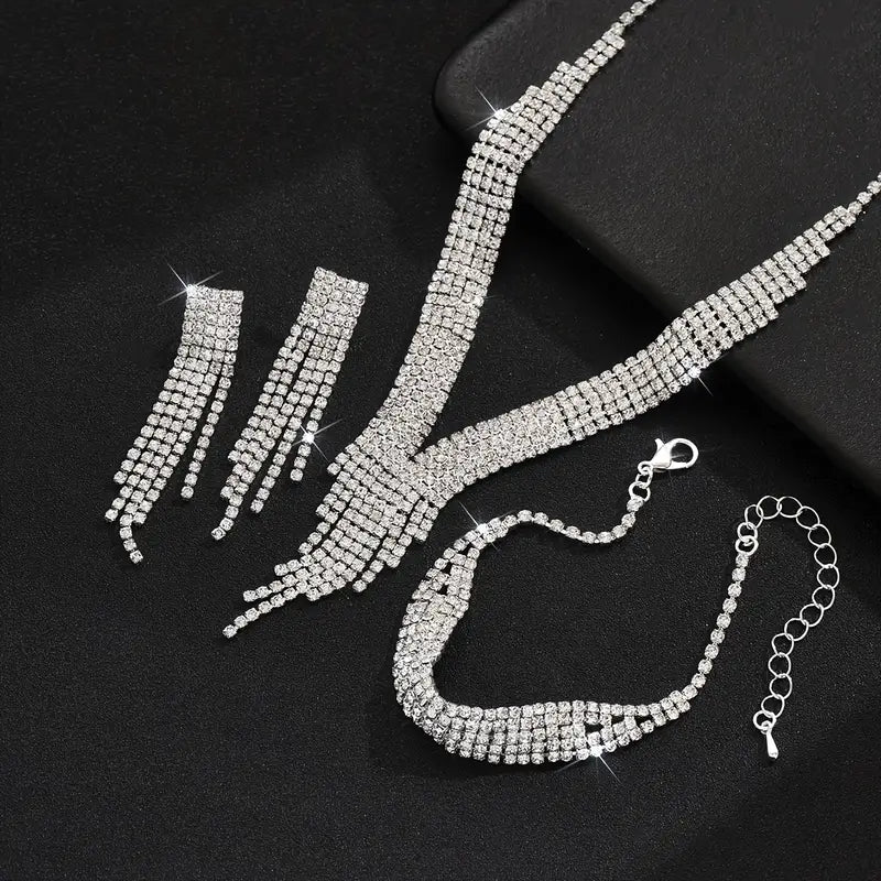 Women's Jewelry Set: 1 Tassel Necklace + 1 Pair of Earrings + 1 Bracelet, Three-Piece Set