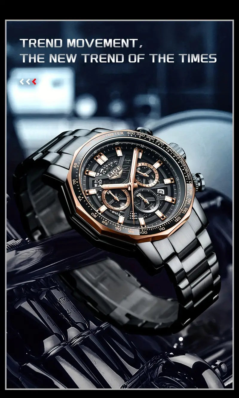 LIGE Men'S Quartz Watch - Business Style Chronograph with Date Display, Stainless Steel Strap, Golden & Black Options, Ideal Gift for Men, Formal Accessory | Modern Watch Design | Durable Watchband, LIGE