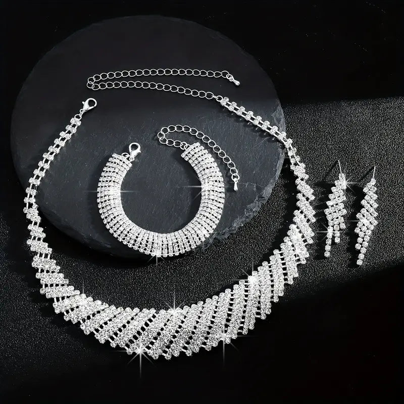 Middle Eastern Geometric Irregular Luxury Rhinestone Necklace Bracelet Earrings Three-piece Set Bridal Accessories
