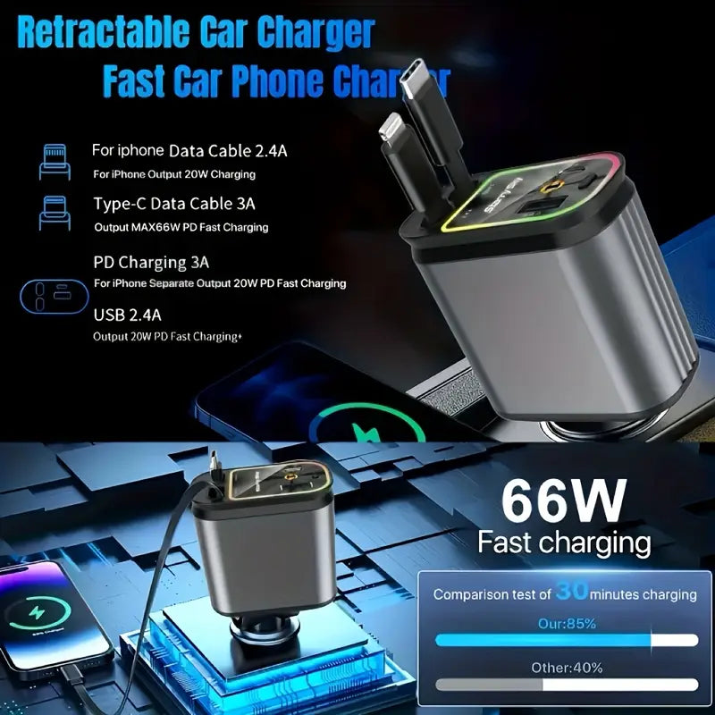 Car Charger with 4-in-1, 66W, USB C Car Charger, 180° Free Direction Adjustment, Anti-Tangle Rebound Design, Starlight Four-in-One Telescopic Car Charger USB-C Dual Fast Charging Compatible with iPhone 16-13/iPad/Android Universal Fit All Vehicles