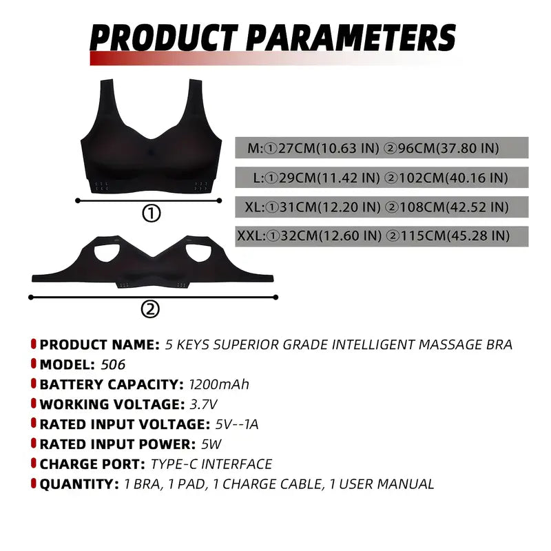 USB Rechargeable Smart Massage Hot Pad Bra, 1200mAh Lithium Battery | 5-Key Hidden Massage Cup Pad with 6 Massage Touch Points | 5 Realistic Hand Vibration Modes + 3-Speed Vibration Intensity Adjustment + Low Noise Design | 2-Level Constant Temperature