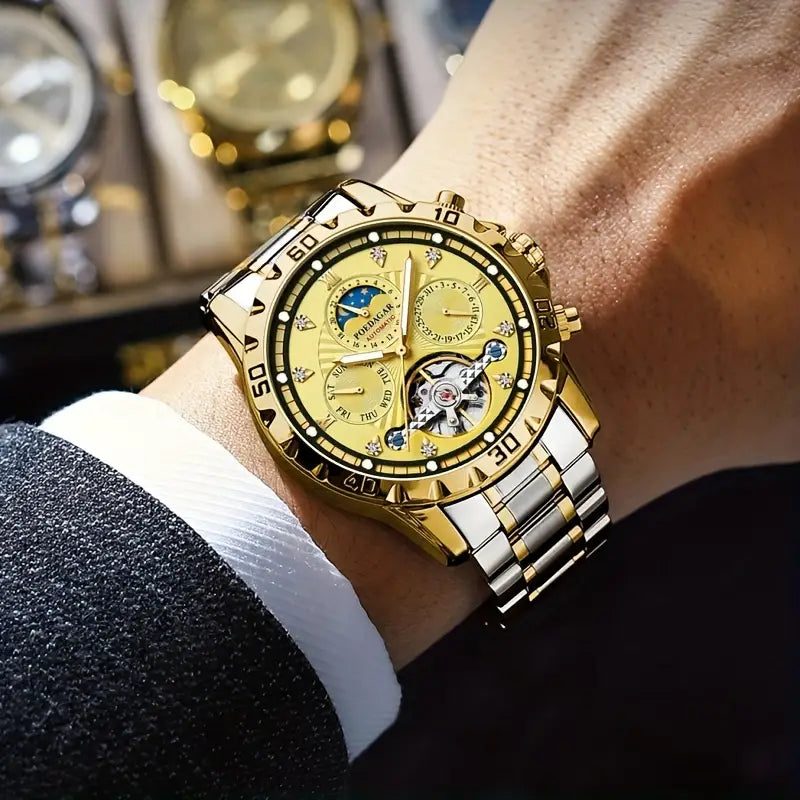 Men's Luxury Multifunctional Waterproof Mechanical Watch, 3D Hollow Luminous Fashion Youth Wristwatch