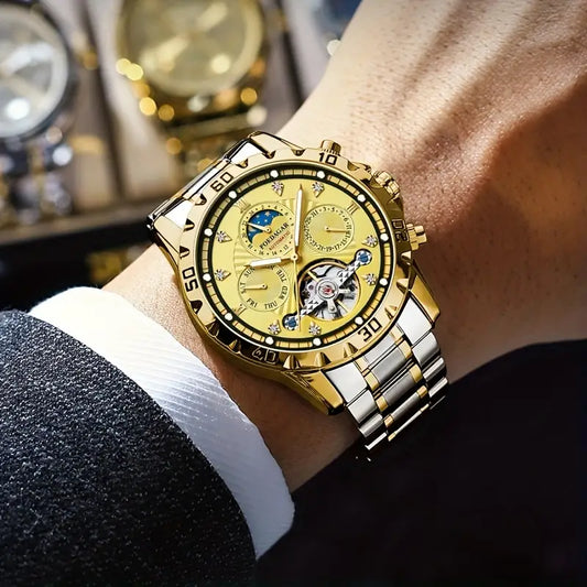 Men's Luxury Multifunctional Waterproof Mechanical Watch, 3D Hollow Luminous Fashion Youth Wristwatch