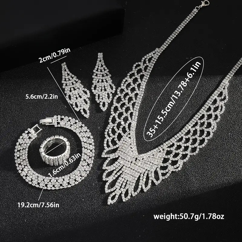 Luxury Exquisite Middle Eastern Bride Wedding Jewelry Set with Sparkling Rhinestones, Hollow Necklace, Bracelet, Earrings, and Stretch Ring