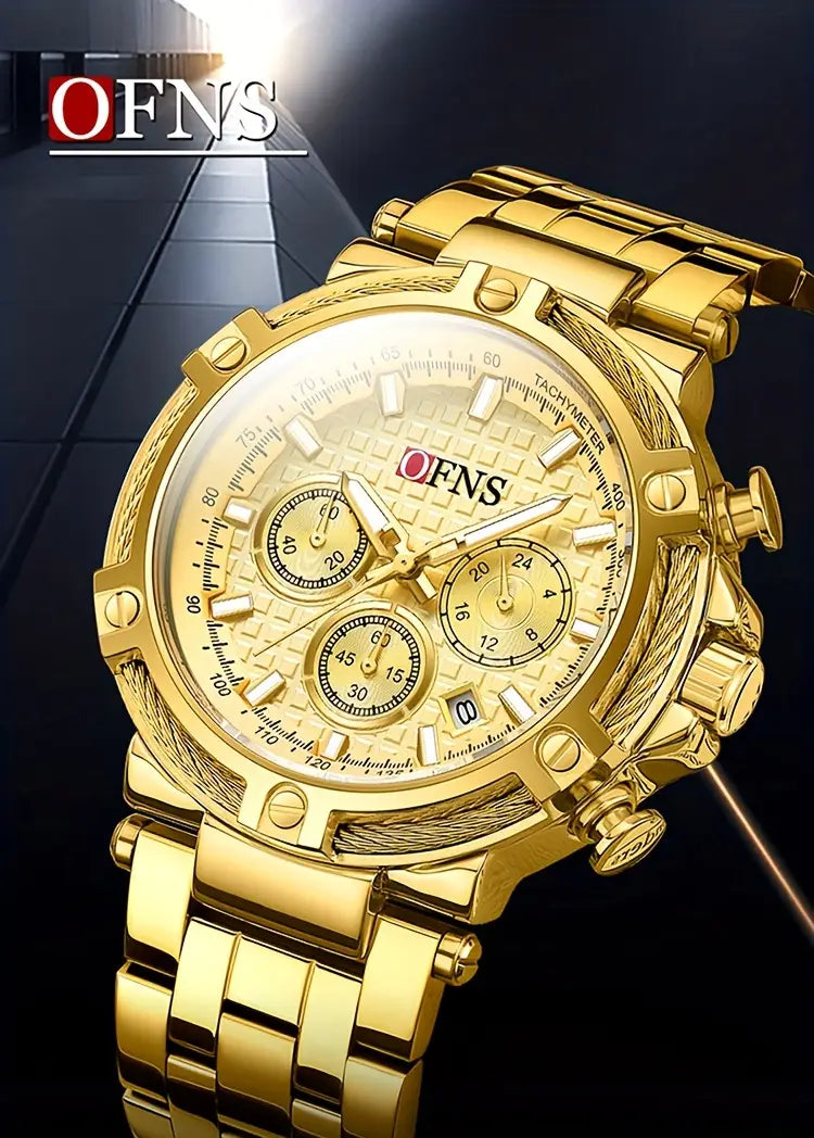 Stainless Steel Band, Nightlight, Stopwatch, Calendar, Round Dial, Golden & Black Design, Perfect Gift