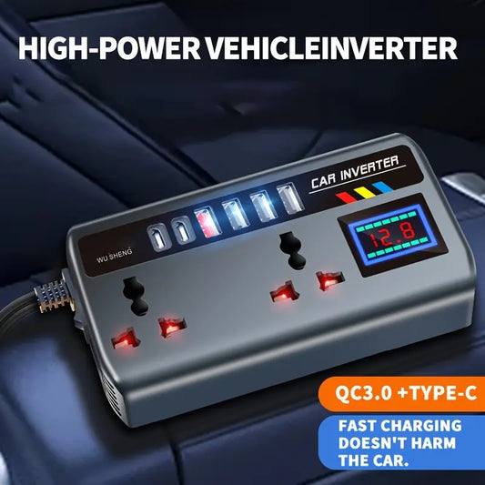 Universal 12V/24V Car Power Inverter with 4 USB Ports, 2 Type-C Port, QC3.0 Fast Charging, Digital Voltage Display, Intelligent Fast Charging, High-Power Transformer - Car Plug for Cars, Trucks, SUVs