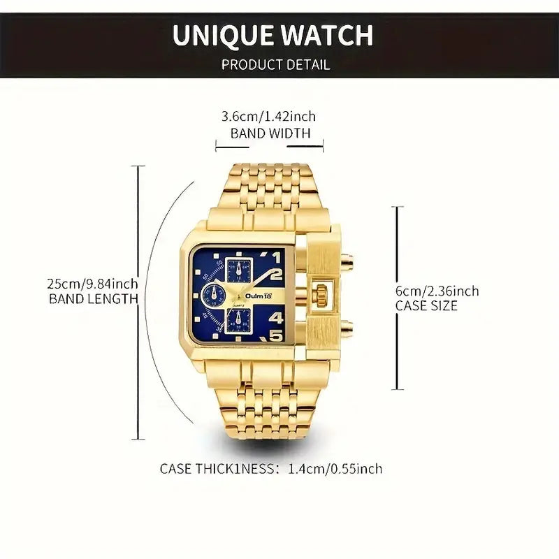 Oulm New Golden Large Dial Men's Watch with Steel Strap, Calendar Feature, Square Quartz Design - European Punk Sport Style