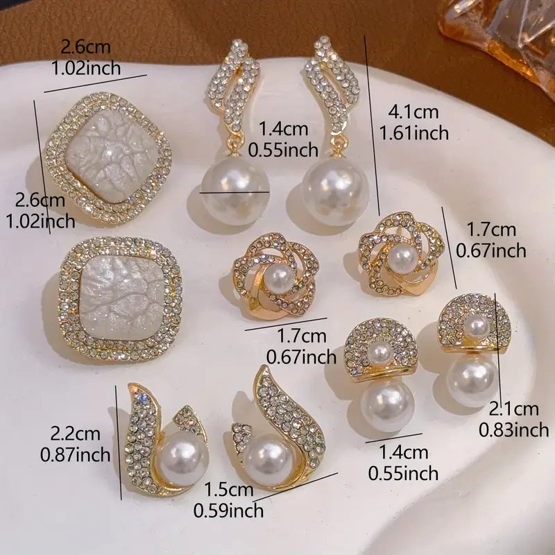 5 Pairs Elegant Geometric Pearl Earrings Set, Vintage French Style, Women's Fashion Jewelry, All-Season Versatile, Copper Ear Studs, Zinc Alloy, Plastic Setting, Daily Wear Accessory