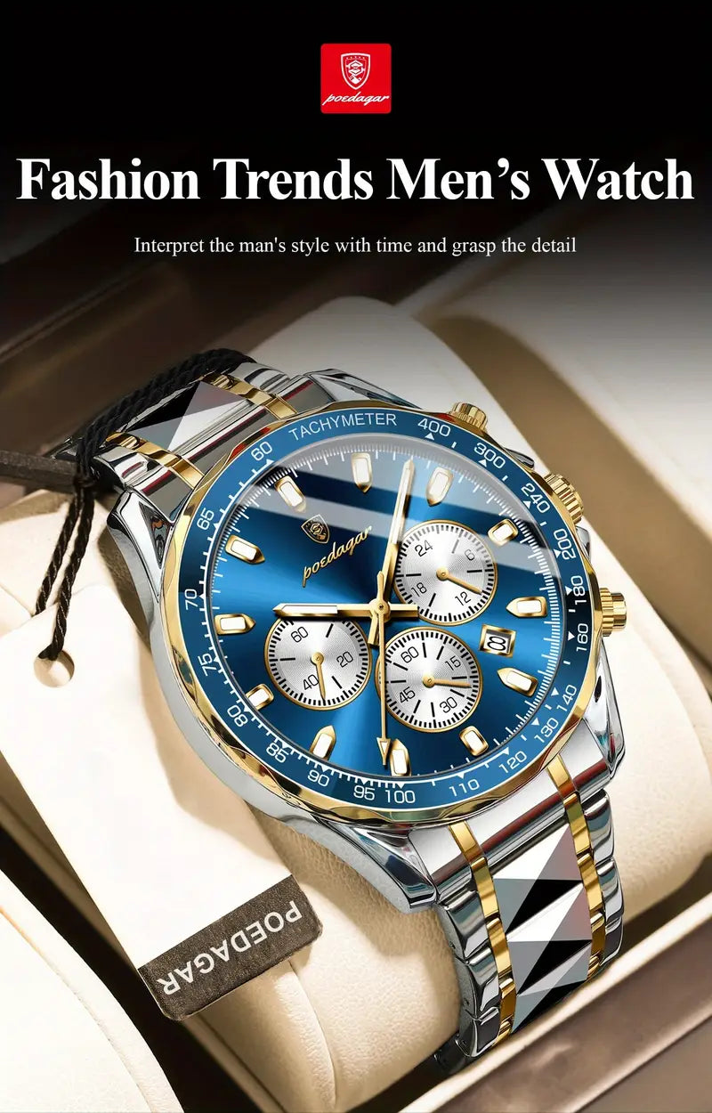 Poedagar Luxury Sports Men's Watch Waterproof Night Light Date Multi functional Timer Stainless Steel Strap Casual Fashion Quartz Material Men's Watch