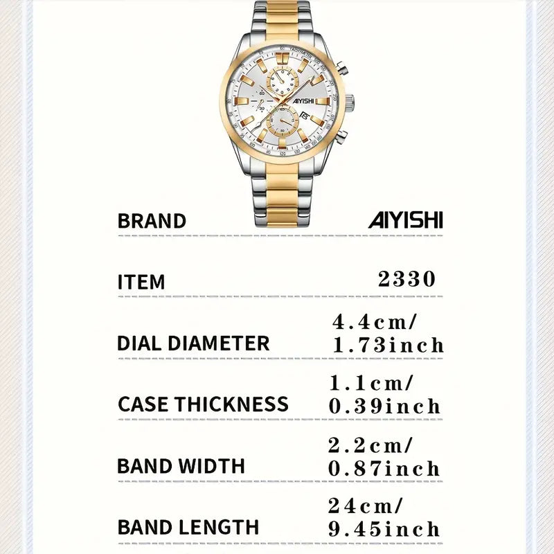 IYISHI Men's Sport Chronograph Watch with Date Display, High Quality Quartz Movement, Black Dial & Golden Accents, Stainless Steel Band for Business Casual & Casual Attire, Versatile Wristwatch, Luxury Analog, Polished Finish, Versatile Timepiece