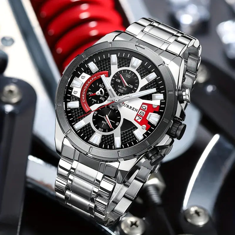 CURREN Men's Stainless Steel Chronograph Watch with Luminous Hands, Black Dial & Red Accents, Sporty Design, Date Display, Quartz Movement, Adjustable Crown, Perfect for Casual or Active Wear, Casual Timepiece | Luminous Hand Watch | Zinc Alloy Case
