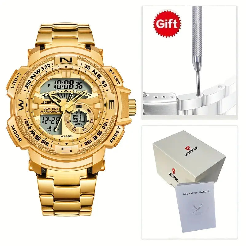 Men'S Golden-Tone Sports Watch with Stainless Steel Band, Dual Display (Analog & Digital), Alarm Clock, Stopwatch, and Glow Feature - Versatile Multifunctional Electronic Watch for Casual or Active Wear