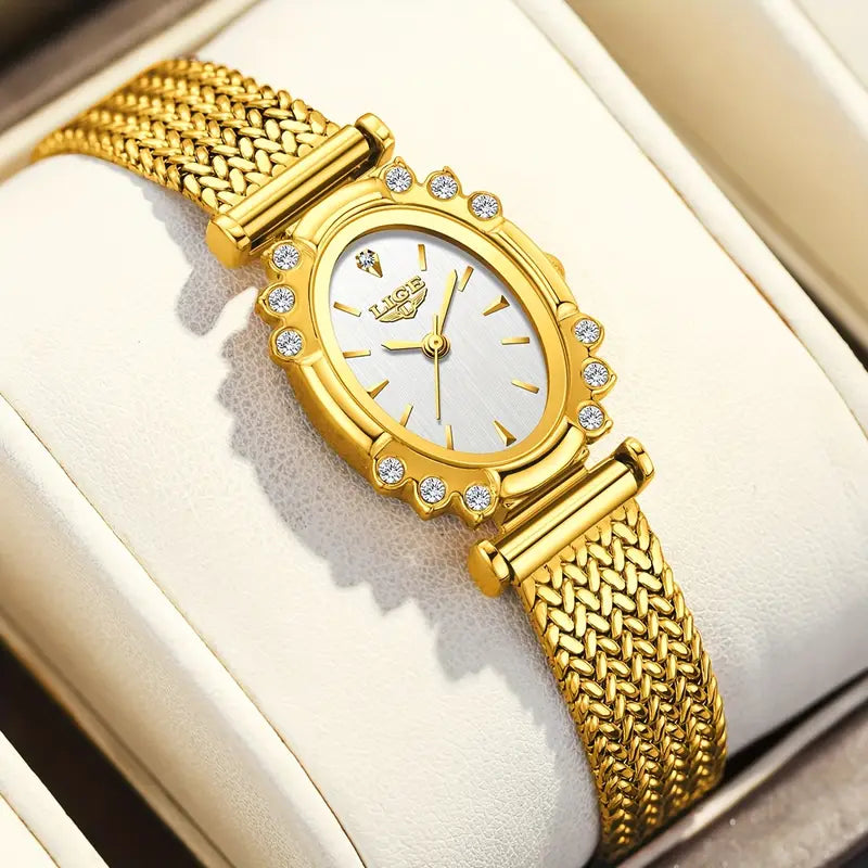 LIGE Elegant Women'S Quartz Watch - Golden Silvery Bracelet, Classic Oval Dial Minimalist Dial for Everyday & Formal Wear - Luxury Watch Gift for Men/Women Birthday, Anniversary, Wedding occasions
