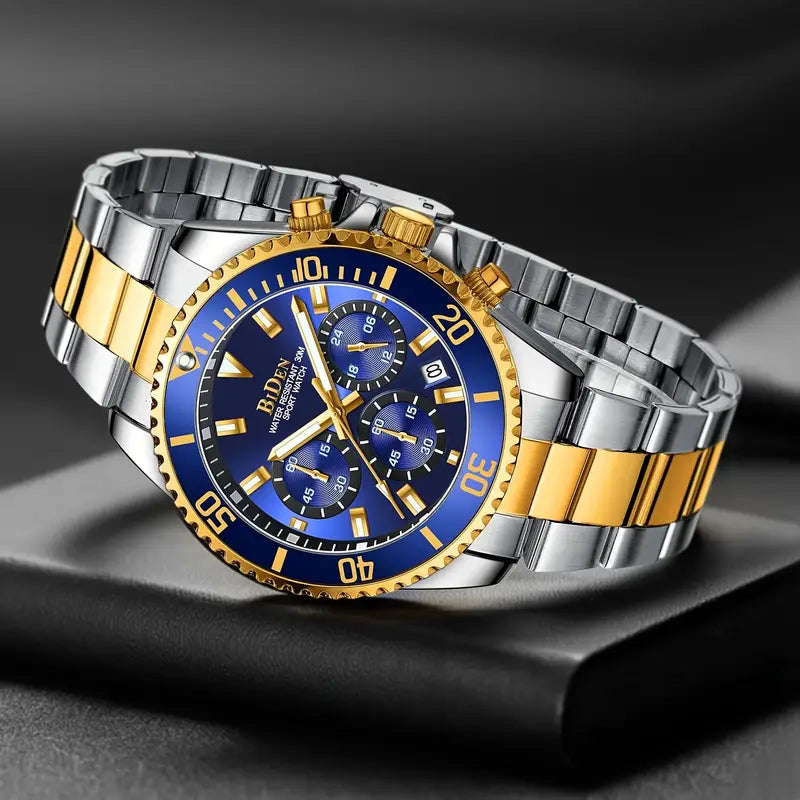 Luxury Stainless Steel Dive-Style Watch for Teens & Young Adults - 43 MM Analog Quartz Chronograph, 1181.1 inch Waterproof Fashion 'S Casual Watch with Blue & Golden Tone Strap, Business Style, Electronic Movet, Pointer Display, Quartz Watche